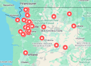 A screenshot of a map of Washington state with pins marking Washington Gleaning Network Affiliates.